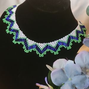 Chevron glass bead necklace white, blue, green Handmade